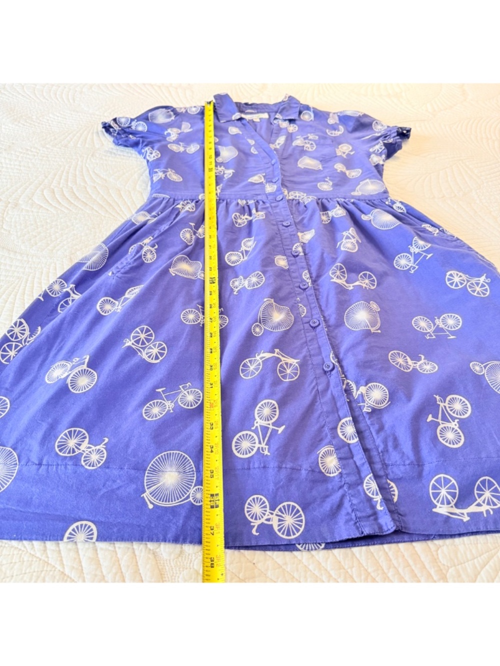 Porridge Cottagecore Twee Retro Blue Bicycle Print Cotton Day Dress Pockets Sz 6 - Picture 15 of 17